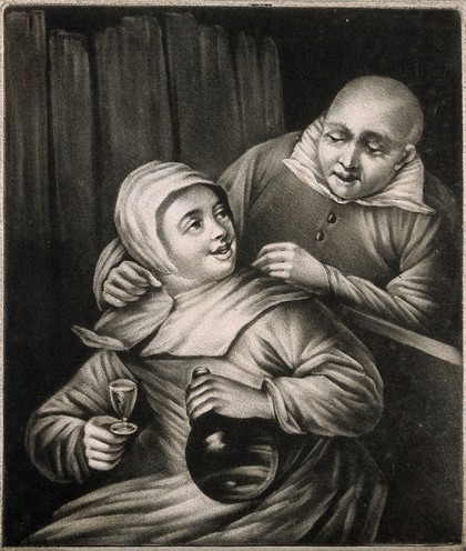A man leans over a seated woman who holds a glass and bottle in either hand. Mezzotint by J. Smith, 1702, after E. van Heemskerk.