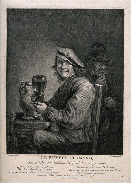 A man sits holding a large glass of wine, behind a man lights his pipe. Engraving by P. Chenu, c. 1743, after D. Teniers.