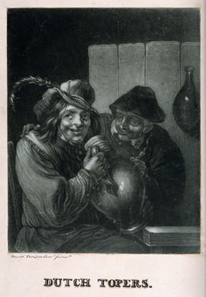 view Two Dutch topers clasping a beer jug and smoking. Mezzotint after D. Teniers, the younger.