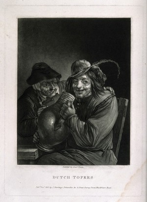 view Two Dutch topers clasping a beer jug and smoking. Mezzotint, c. 1831, after D. Teniers, the younger.