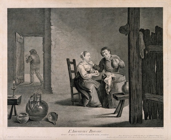 A lecherous drinker sits with a girl at a barrel table in a dingy tavern. Engraving by P. Canot, c. 1756, after D. Teniers, the younger.