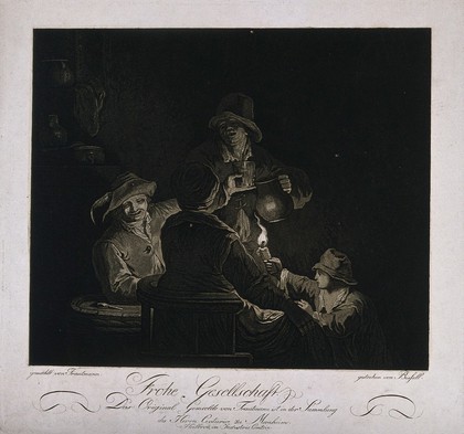 Three men drinking in the light of a flame held by a boy. Aquatint by A. Bissell, c. 1800, after J. Trautmann.