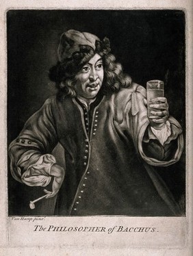 A man in a fur cap holding a drinking glass in one hand and a pipe in the other. Mezzotint after G. van Herp (?), mid 17th century.