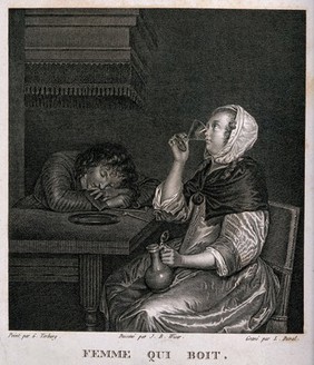 A woman sits drinking as a man sleeps with his head on the table beside her. Engraving by L. Duval, early 19th century, after a design by J. Wicar after G. Terburg.