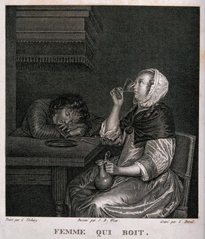 view A woman sits drinking as a man sleeps with his head on the table beside her. Engraving by L. Duval, early 19th century, after a design by J. Wicar after G. Terburg.