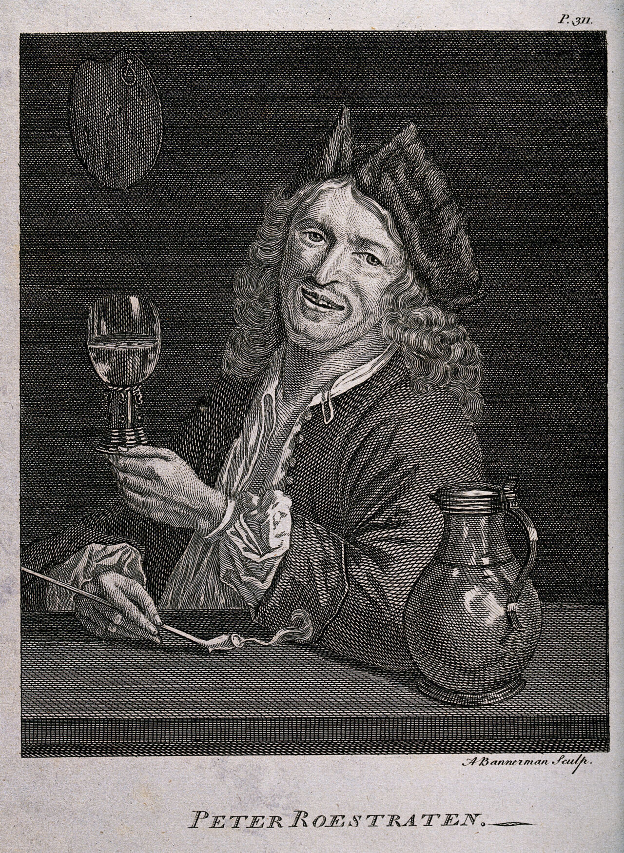 Pieter Gerritsz van Roestraten sitting at a table with a jug, a drinking glass and a smoking pipe. Engraving by A. Bannerman, mid 18th century, after P. Roestraten., by Pieter Gerritsz van Roestraten
