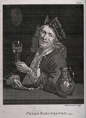 Pieter Gerritsz van Roestraten sitting at a table with a jug, a drinking glass and a smoking pipe. Engraving by A. Bannerman, mid 18th century, after P. Roestraten.