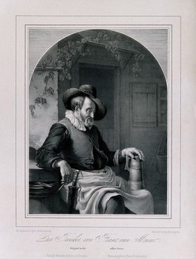 A man sitting outside with a tankard on his knee and a pipe in his hand. Lithograph by F. Hangstaengl, 19th century, after F. van Mieris.