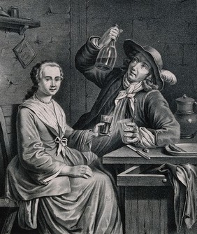 A woman and man sit at a table drinking as the man raises the bottle in his right hand. Lithograph, 19th century.