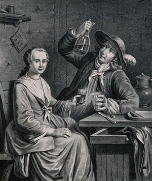 view A woman and man sit at a table drinking as the man raises the bottle in his right hand. Lithograph, 19th century.