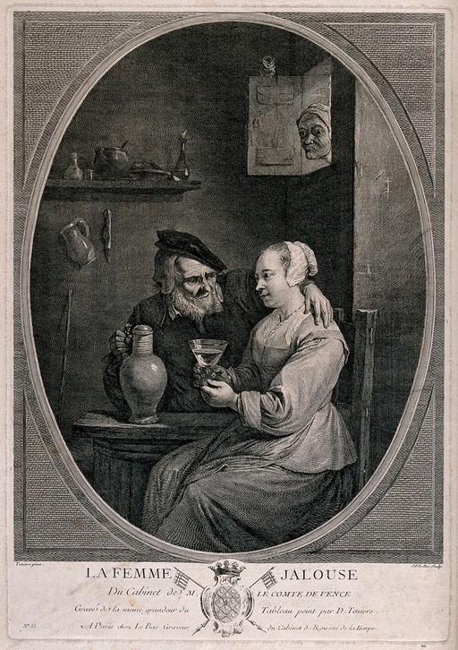 An old man sits with his arm round a girl and plies her with drink as his wife watches through a window. Engraving by J. Le Bas after D. Teniers.