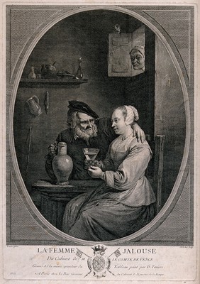 An old man sits with his arm round a girl and plies her with drink as his wife watches through a window. Engraving by J.P. Le Bas, 1747, after D. Teniers.