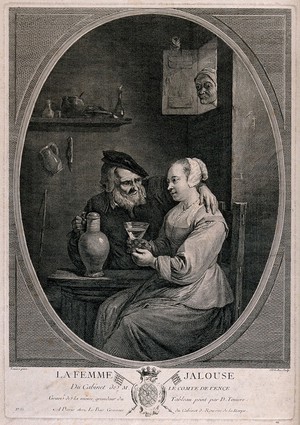 view An old man sits with his arm round a girl and plies her with drink as his wife watches through a window. Engraving by J.P. Le Bas, 1747, after D. Teniers.