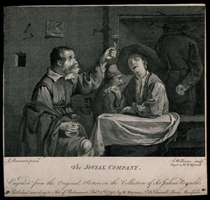 view Two men sit drinking and smoking at a tavern table. Engraving by J. Williams, c. 1792, after a painting attributed to A. Brouwer.