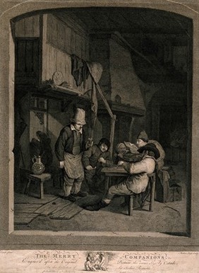 A man plays the fiddle at a tavern table as another sings and others listen. Engraving by M. Liart, c. 1783, after A. van Ostade.