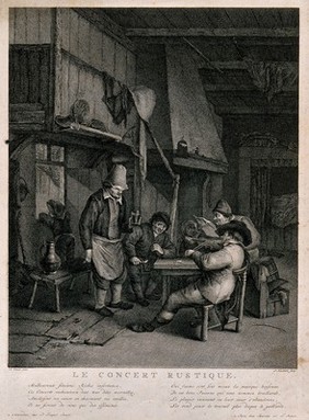 A man plays the fiddle at a tavern table as another sings and others listen. Engraving by J. Heudelot, late 18th century, after A. van Ostade.