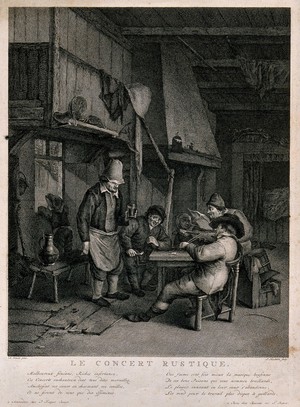 view A man plays the fiddle at a tavern table as another sings and others listen. Engraving by J. Heudelot, late 18th century, after A. van Ostade.