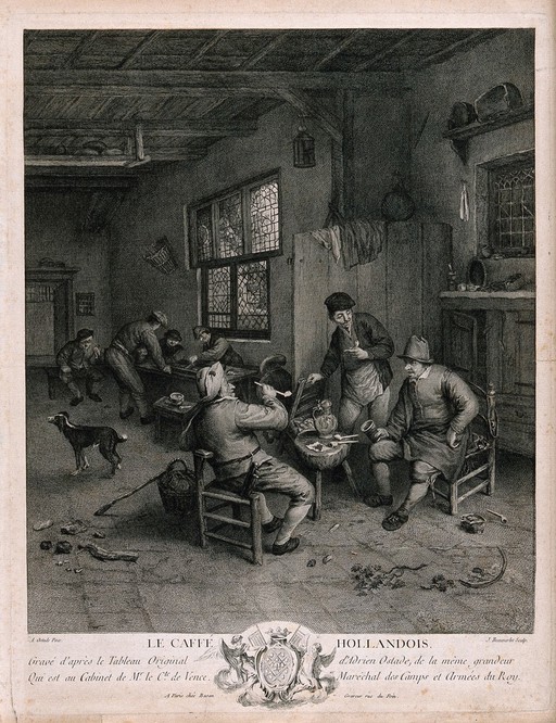 A Dutch tavern interior with three men smoking and drinking in the foreground. Engraving by J. Beauvarlet, mid-18th century, after A. van Ostade.