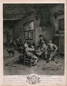 A Dutch tavern interior with three men smoking and drinking in the foreground. Engraving by J. Beauvarlet, 1755, after A. van Ostade.