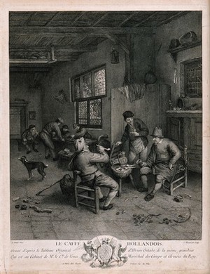 view A Dutch tavern interior with three men smoking and drinking in the foreground. Engraving by J. Beauvarlet, 1755, after A. van Ostade.