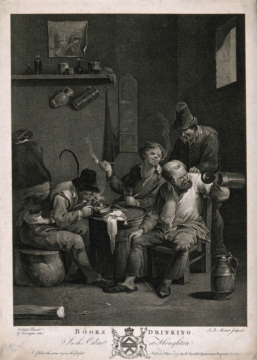 Four Boors round a barrel table smoking and drinking. Engraving by J. Michel, c. 1779, after G. Farrington after A. van Ostade.