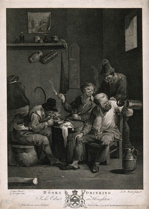 view Four boors round a barrel table smoking and drinking. Engraving by J. Michel, c. 1779, after G. Farrington after A. van Ostade.