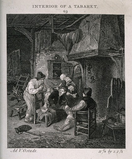 The interior of a tavern with men smoking and drinking round the fireplace. Etching by J. Taylor, c. 1800, after A. van Ostade.