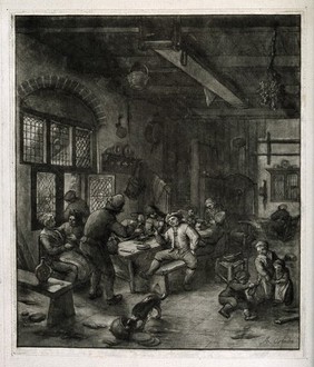 The interior of a tavern with men and women carousing at a table and children on the floor. Mezzotint, early 19th century, after A. van Ostade.
