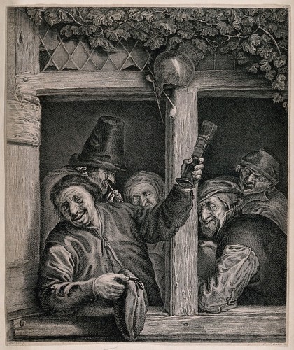 A man leans out of a tavern window with a glass and cap in hand, others watch from inside. Etching by J. Chérin, mid 18th century, after A. van Ostade.