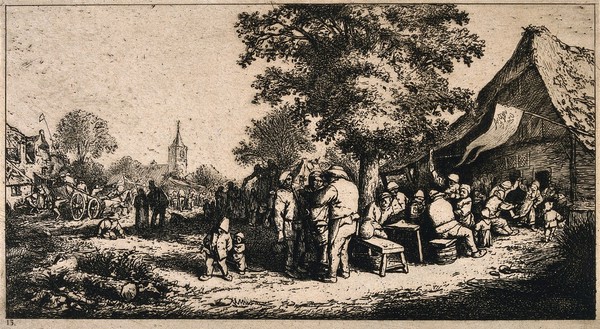 A crowd outside a country tavern with market stalls and a church in the background. Etching by Deuchar (?), mid 18th century, after A. van Ostade (?).