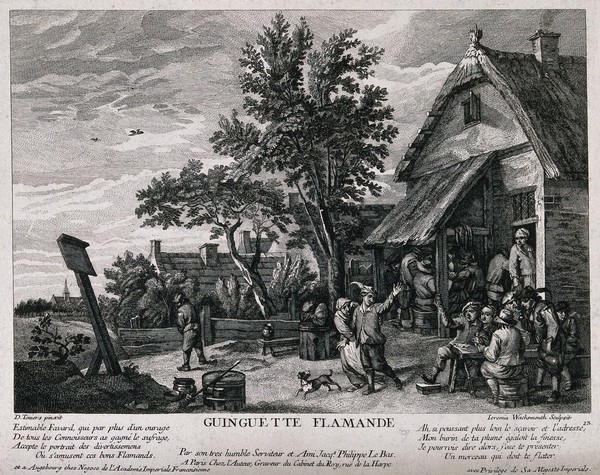 Drinkers revelling outside a country tavern as a young man is led away by his mother (?). Etching by J. Wachsmuth, mid 18th century, after D. Teniers.