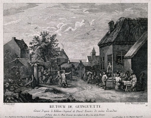 Drinkers revelling outside a country tavern as a young man is led away by his mother and a drunkard is removed. Etching by J. Wachsmuth, mid 18th century, after D. Teniers.
