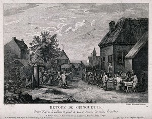 view Drinkers revelling outside a country tavern as a young man is led away by his mother and a drunkard is removed. Etching by J. Wachsmuth, mid 18th century, after D. Teniers.