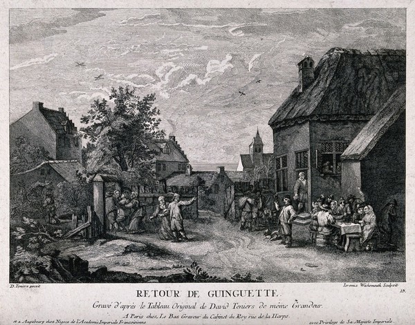 Drinkers revelling outside a country tavern as a young man is led away by his mother and a drunkard is removed. Etching by J. Wachsmuth, mid 18th century, after D. Teniers.
