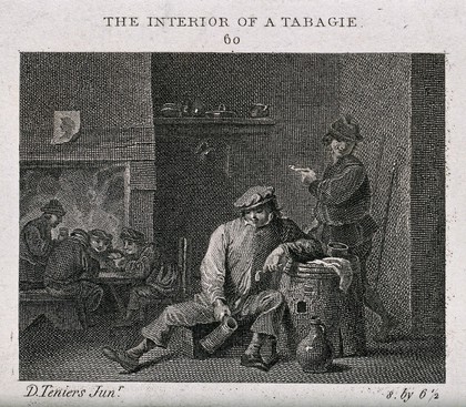 The interior of a tavern with men smoking and drinking by a barrel table and playing cards by the fire. Etching by J. Taylor (?), c. 1800, after D. Teniers.