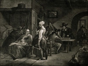 view A dingy tavern with backgammon players and an amorous couple observing a pregnant woman as she drinks. Mezzotint by J. Stolker after J. Steen.