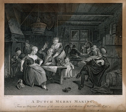 A fiddler plays in a tavern with a family drinking at one table and others in the background. Engraving by Ryland after R. Brakenburg.