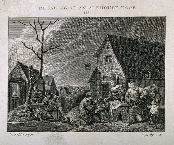 Men and women smoking and drinking outside a country tavern. Etching by J. Taylor (?), c. 1800, after G. Tilborgh.