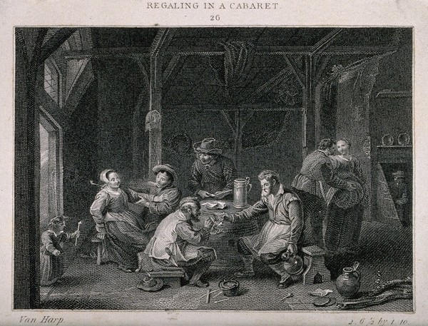 Men and women in a dingy tavern smoking and drinking round a large barrel table. Etching by J. Taylor (?), c. 1800, after G. van Herp (?).