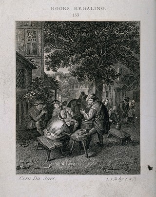 Four men smoking and drinking round a table outside a country tavern. Etching by J. Taylor (?), c. 1800, after C. Dusart.
