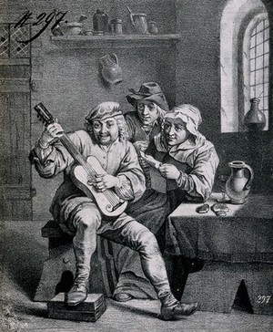 view A guitar player in a dingy tavern with a woman holding a song-sheet and a man with glass by his side. Lithograph after D. Teniers (?).