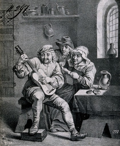 A guitar player in a dingy tavern with a woman holding a song-sheet and a man with glass by his side. Lithograph after D. Teniers (?).