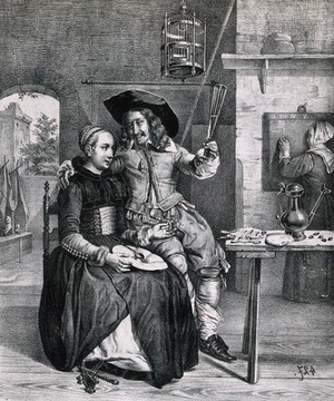 view A fashionable gentleman sits with his arm round a lady by a tavern table as a girl chalks up drinks on a slate. Lithograph after D. Teniers (?).