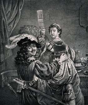 Rembrandt, portrayed perhaps as the prodigal son, stands with his arm round a lady (represented by his wife Saskia) by a banquet table and raises his glass. Lithograph after Rembrandt van Rijn.