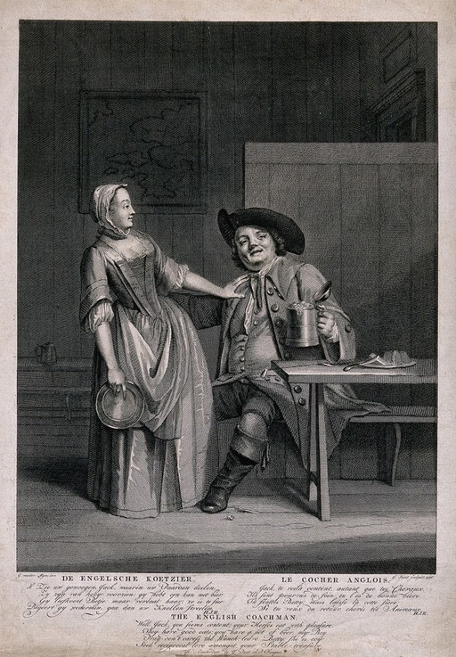 A coachman holding a full tankard of beer in one hand and caressing a lady with the other; verses in Dutch, French and English below. Etching by J. Punt, 1756, after G. van der Myn.