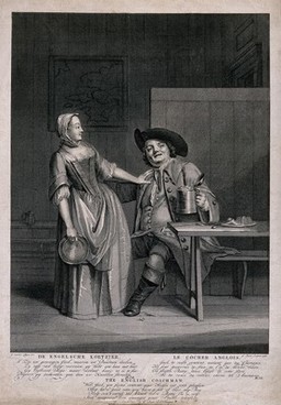 A coachman holding a full tankard of beer in one hand and caressing a lady with the other; verses in Dutch, French and English below. Etching by J. Punt, 1756, after G. van der Myn.