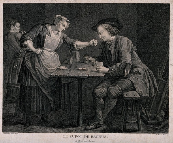 A man sits at a table with playing cards and drink in hand, his wife threatens him as his playing partner makes his departure. Engraving by F. Basan after Dumesnil, junior.