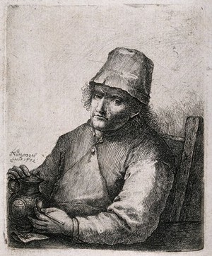 view A man sits looking glum and holding his pipe and beer jug. Etching by J. Nothnagel, 1772.