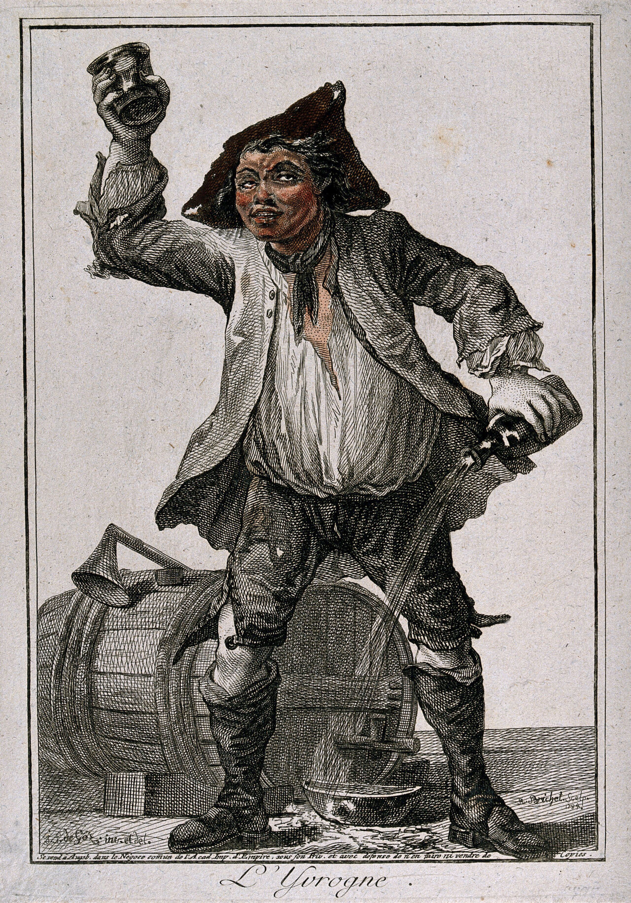 A drunken young man raises a glass in one hand and spills wine from a flask in the other. Coloured etching by R.F. Brichet, 1784, after J. F. de Göz., 1784, by Joseph Franz von Goez
