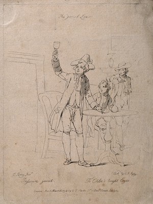 view A young man in tricorn hat raises his glass in a toast to his lover. Etching by C. Ryley, c. 1792, after E. Penny.